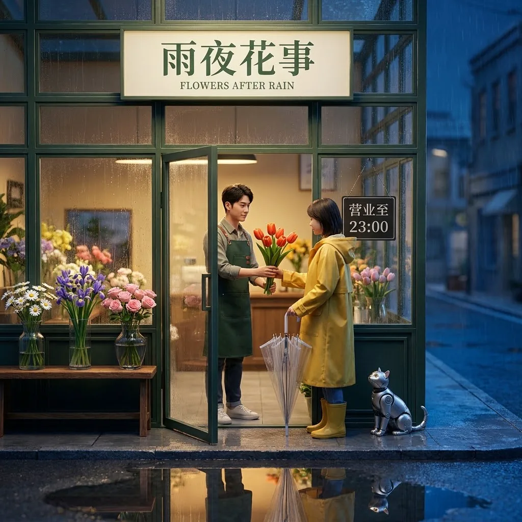Banana Pro 实测：雨夜未来花店，中文招牌、人物递花与雨水反射