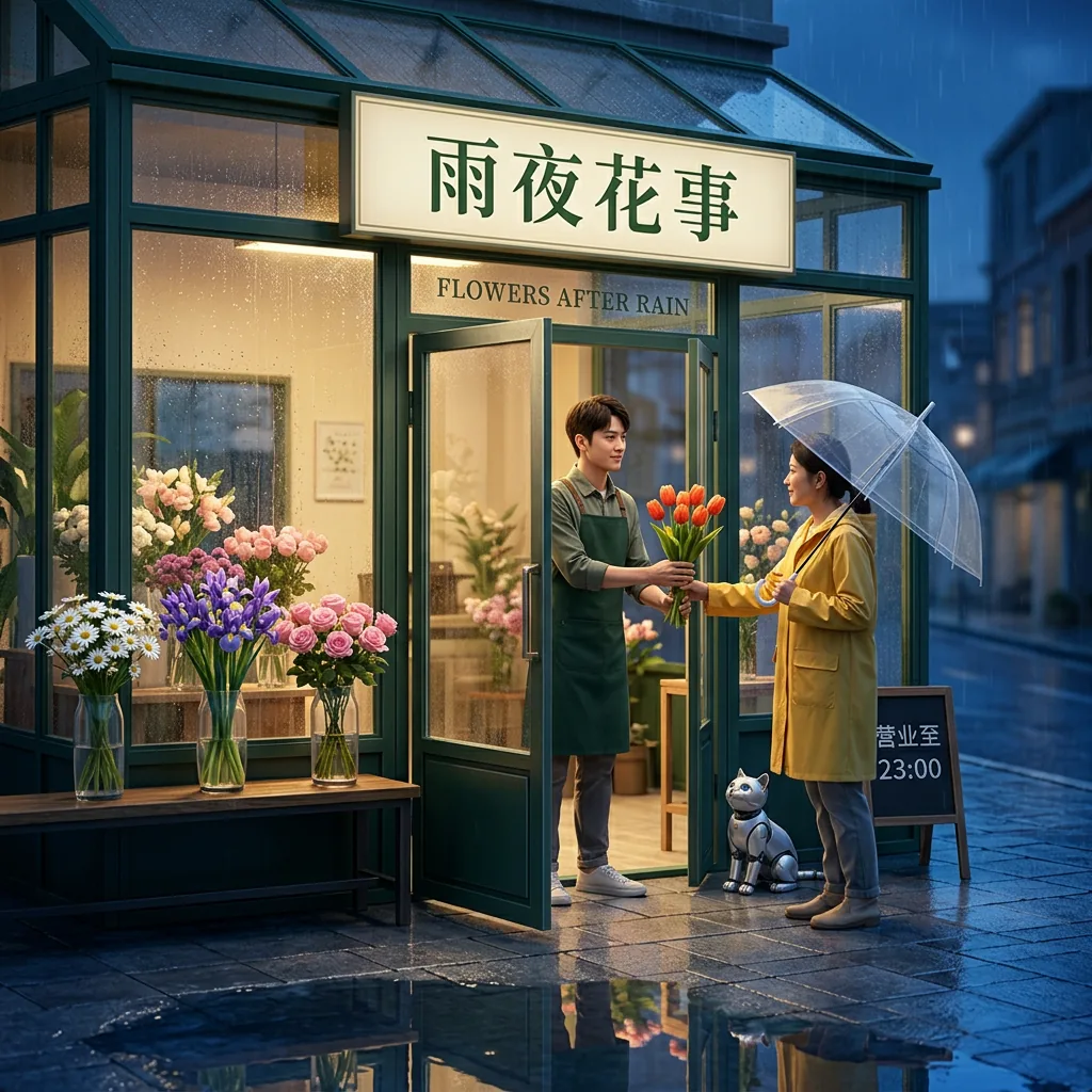 Banana 2 实测：雨夜未来花店，中文招牌、人物递花与雨水反射
