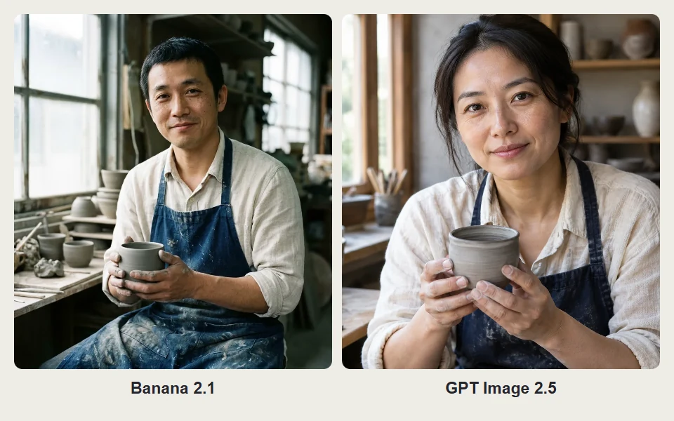 Banana 2.1 与 GPT Image 2.5 生成的捧杯人像对比