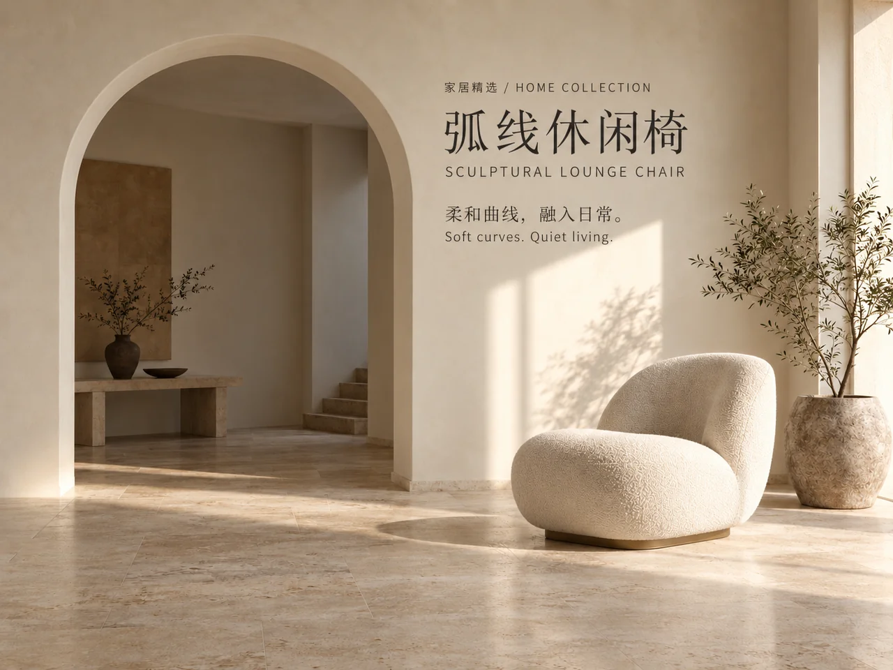 弧线休闲椅家居电商示例图，暖色拱门空间搭配中英文商品介绍