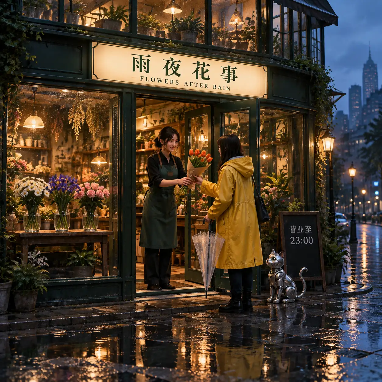 GPT Image 2 实测：雨夜未来花店，中文招牌、人物递花与雨水反射