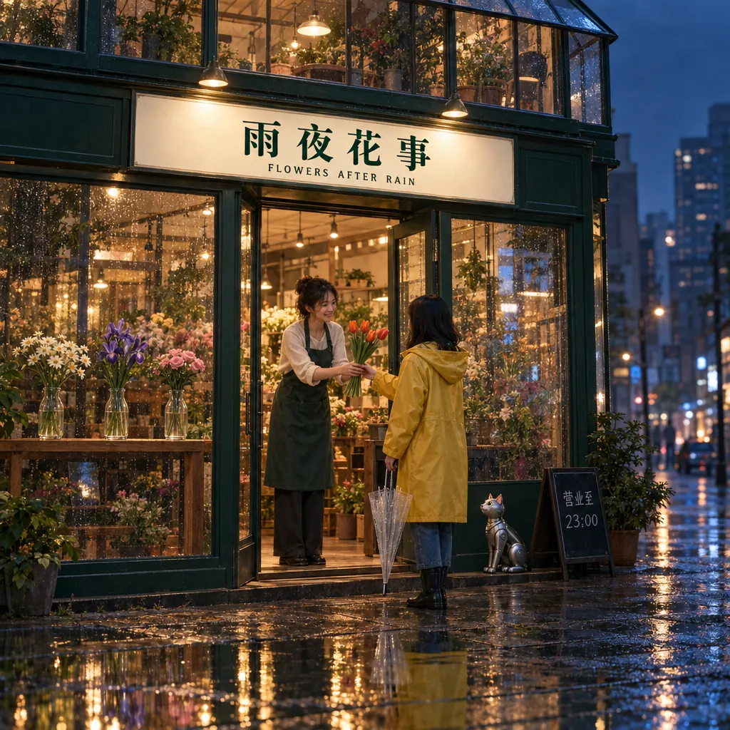 GPT Image2.5 Flare 实测：雨夜未来花店，中文招牌、人物递花与雨水反射