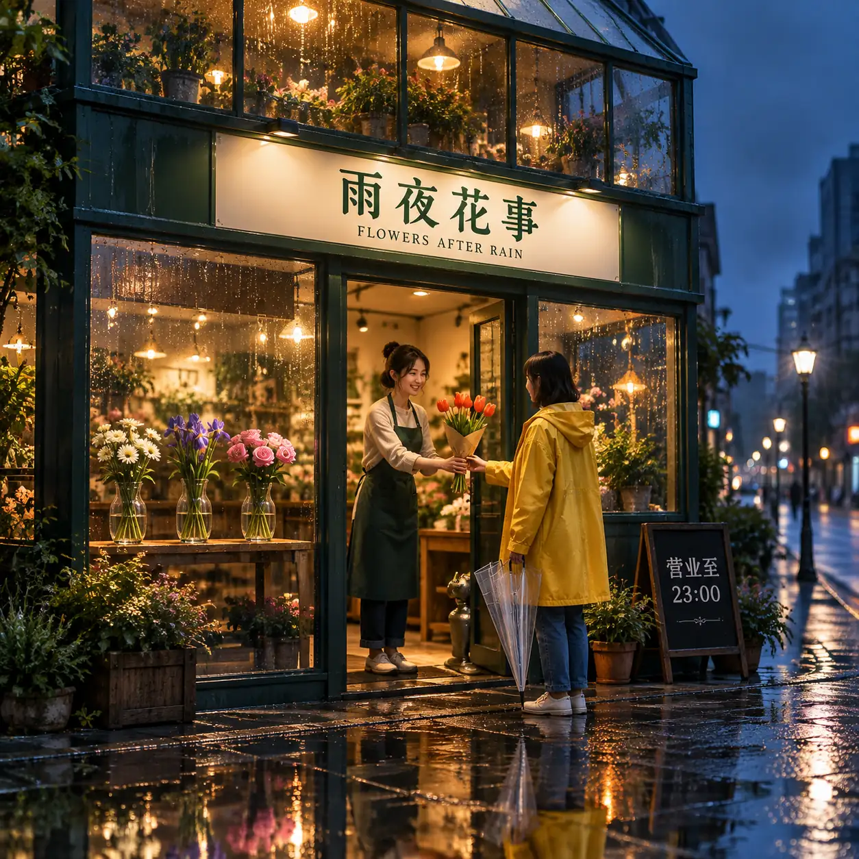 GPT Image2.5 标准版 实测：雨夜未来花店，中文招牌、人物递花与雨水反射