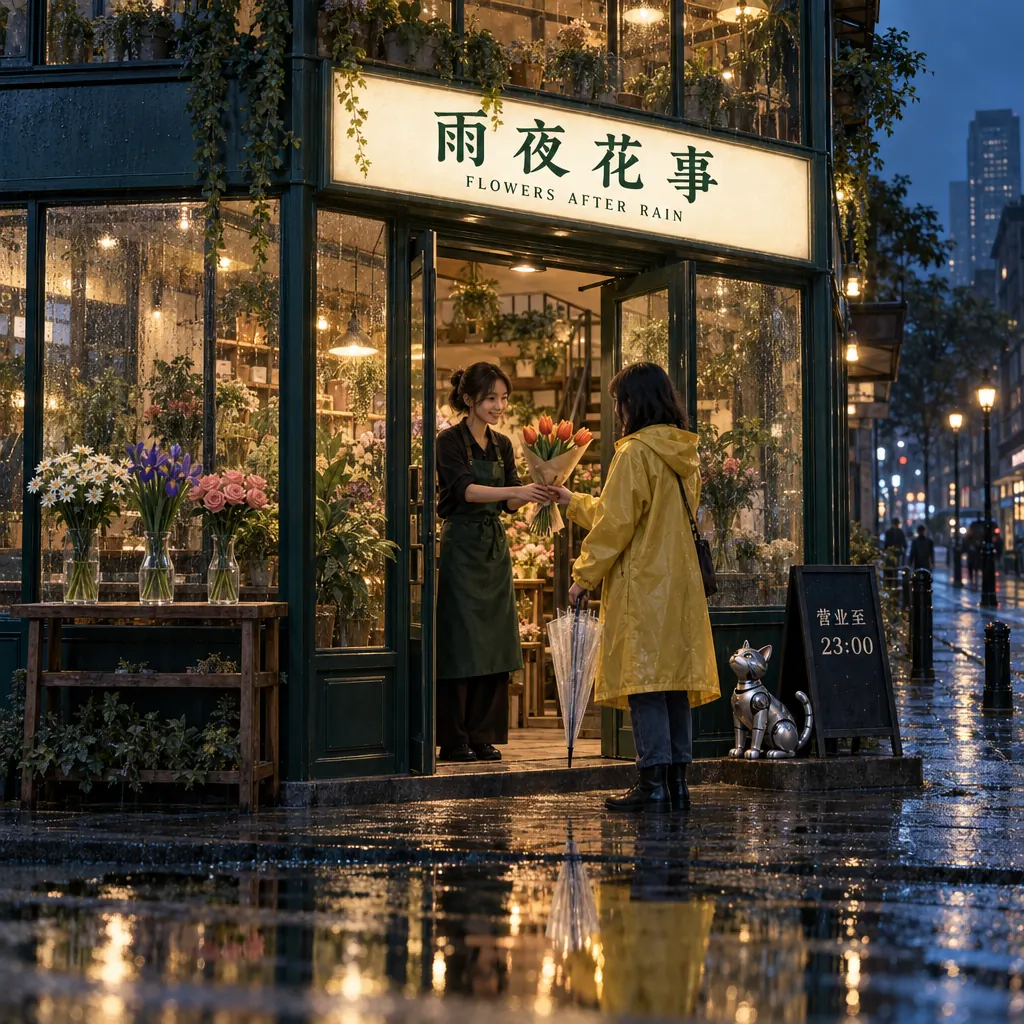 GPT Image2.5 Sunburst 实测：雨夜未来花店，中文招牌、人物递花与雨水反射