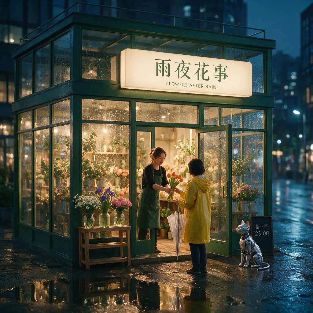 Seedream 5.0 Pro 花店实测：雨夜未来花店，中文招牌、人物递花与雨水反射